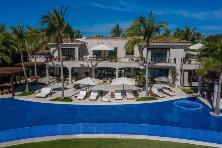 Aerial view of Casa La Vida and its long infinity pool