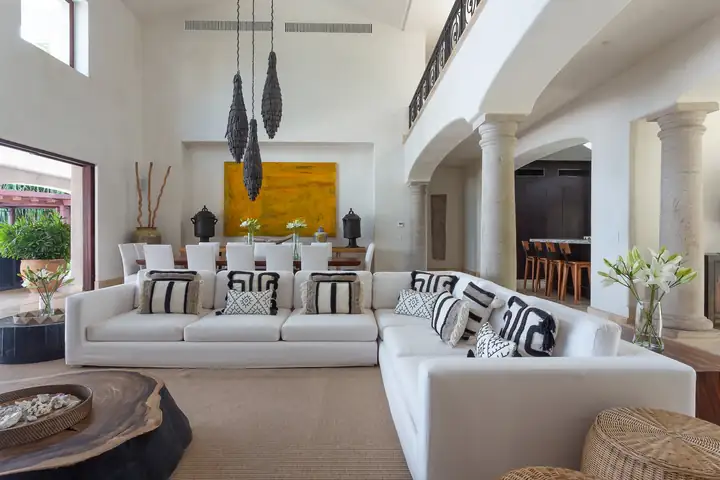 The living room and the dining table beyond